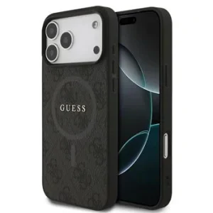 Husă spate Guess din piele PU 4G cu inel colorat MagSafe pentru iPhone 17 Pro Max, neagră