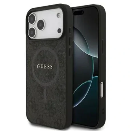 Husă spate Guess din piele PU 4G cu inel colorat MagSafe pentru iPhone 17 Pro Max, neagră