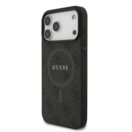 Husă spate Guess din piele PU 4G cu inel colorat MagSafe pentru iPhone 17 Pro Max, neagră