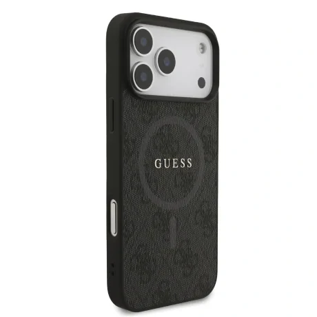Husă spate Guess din piele PU 4G cu inel colorat MagSafe pentru iPhone 17 Pro Max, neagră