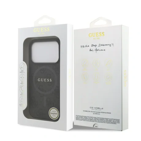 Husă spate Guess din piele PU 4G cu inel colorat MagSafe pentru iPhone 17 Pro, neagră