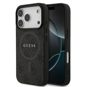 Husă spate Guess din piele PU 4G cu inel colorat MagSafe pentru iPhone 17 Pro, neagră