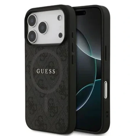 Husă spate Guess din piele PU 4G cu inel colorat MagSafe pentru iPhone 17 Pro, neagră