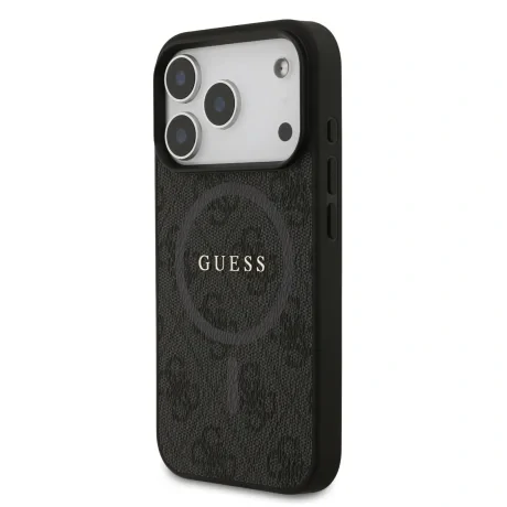 Husă spate Guess din piele PU 4G cu inel colorat MagSafe pentru iPhone 17 Pro, neagră
