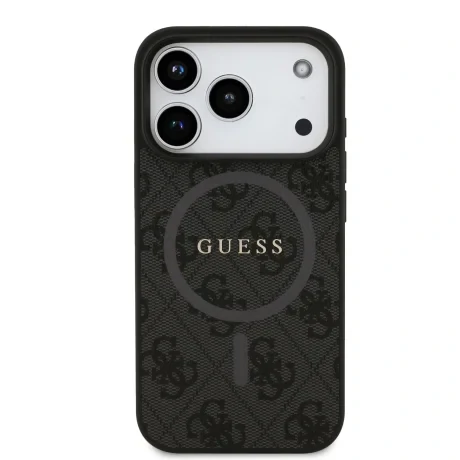 Husă spate Guess din piele PU 4G cu inel colorat MagSafe pentru iPhone 17 Pro, neagră