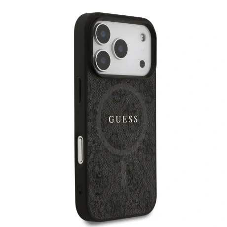 Husă spate Guess din piele PU 4G cu inel colorat MagSafe pentru iPhone 17 Pro, neagră