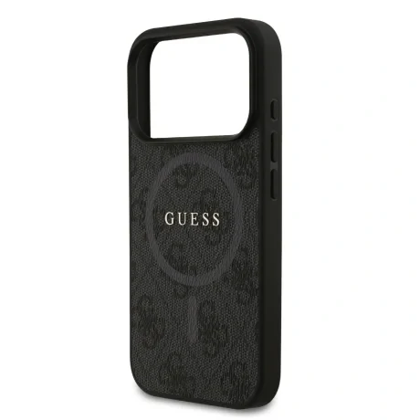 Husă spate Guess din piele PU 4G cu inel colorat MagSafe pentru iPhone 17 Pro, neagră