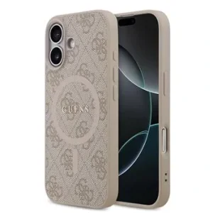 Husă spate Guess din piele PU 4G cu inel colorat MagSafe pentru iPhone 17, roz