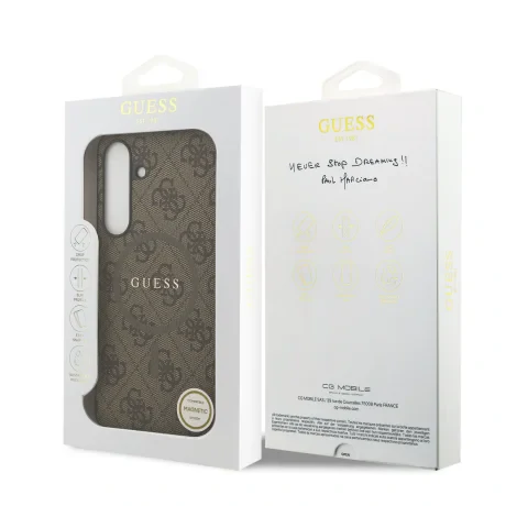 Husa spate Guess din piele PU 4G cu inel colorat MagSafe pentru Samsung Galaxy S25 FE, maro