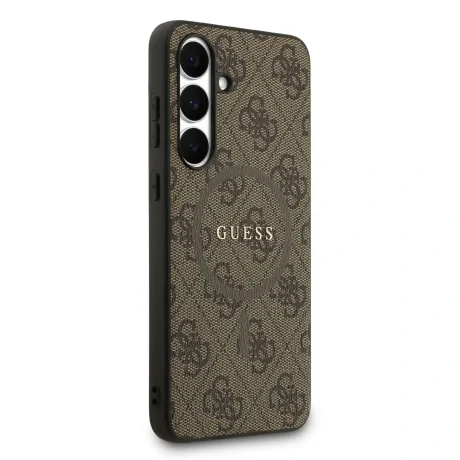 Husa spate Guess din piele PU 4G cu inel colorat MagSafe pentru Samsung Galaxy S25 FE, maro