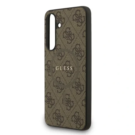 Husa spate Guess din piele PU 4G cu inel colorat MagSafe pentru Samsung Galaxy S25 FE, maro