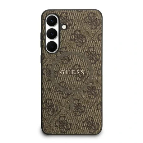 Husa spate Guess din piele PU 4G cu inel colorat MagSafe pentru Samsung Galaxy S25 FE, maro