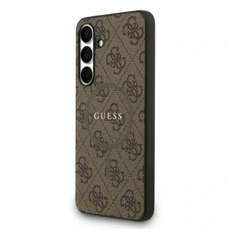 Husa spate Guess din piele PU 4G cu inel colorat MagSafe pentru Samsung Galaxy S25 FE, maro