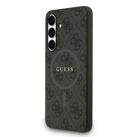 Husa spate Guess din piele PU 4G cu inel colorat MagSafe pentru Samsung Galaxy S25 FE, neagră