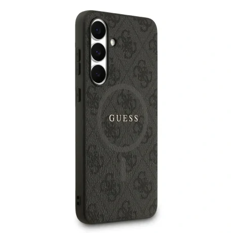 Husa spate Guess din piele PU 4G cu inel colorat MagSafe pentru Samsung Galaxy S25 FE, neagră
