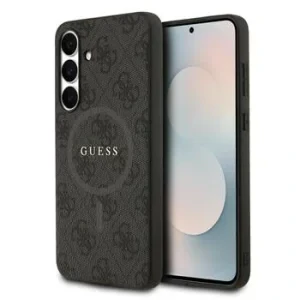 Husa spate Guess din piele PU 4G cu inel colorat MagSafe pentru Samsung Galaxy S25 FE, neagră