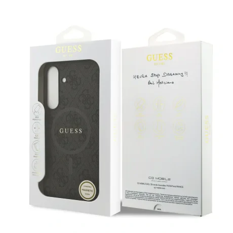 Husa spate Guess din piele PU 4G cu inel colorat MagSafe pentru Samsung Galaxy S25 FE, neagră