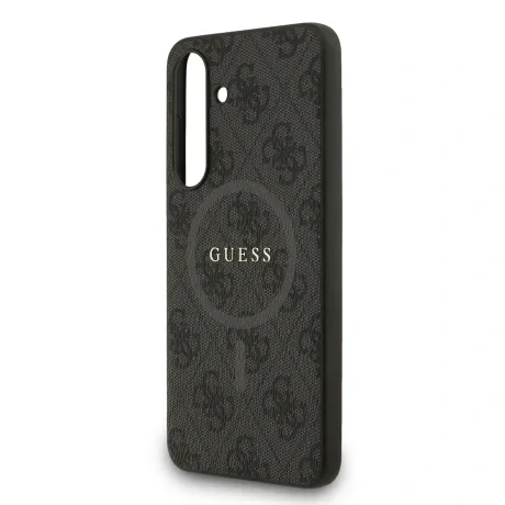 Husa spate Guess din piele PU 4G cu inel colorat MagSafe pentru Samsung Galaxy S25 FE, neagră