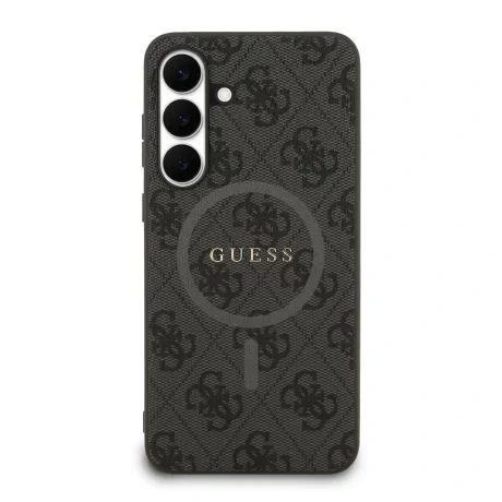 Husa spate Guess din piele PU 4G cu inel colorat MagSafe pentru Samsung Galaxy S25 FE, neagră