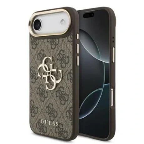 Husa spate Guess din piele PU 4G cu logo metalic, cadru auriu, pentru iPhone Air, maro