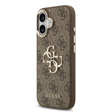 Husa spate Guess din piele PU 4G cu logo metalic și ramă aurie pentru iPhone 17, maro