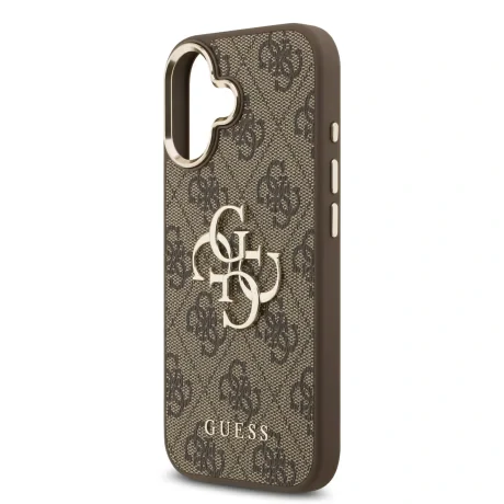 Husa spate Guess din piele PU 4G cu logo metalic și ramă aurie pentru iPhone 17, maro