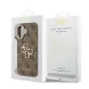 Husa spate Guess din piele PU 4G cu logo metalic și ramă aurie pentru iPhone 17, maro
