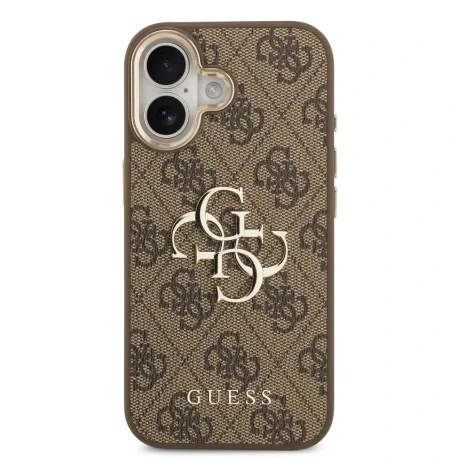 Husa spate Guess din piele PU 4G cu logo metalic și ramă aurie pentru iPhone 17, maro
