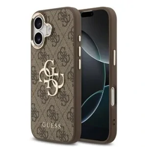 Husa spate Guess din piele PU 4G cu logo metalic și ramă aurie pentru iPhone 17, maro