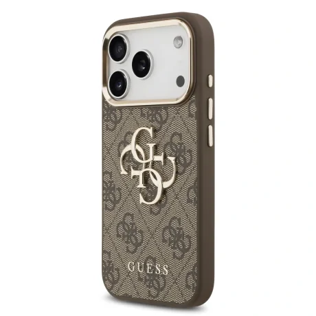Husa spate Guess din piele PU 4G cu logo metalic și ramă aurie pentru iPhone 17 Pro, maro