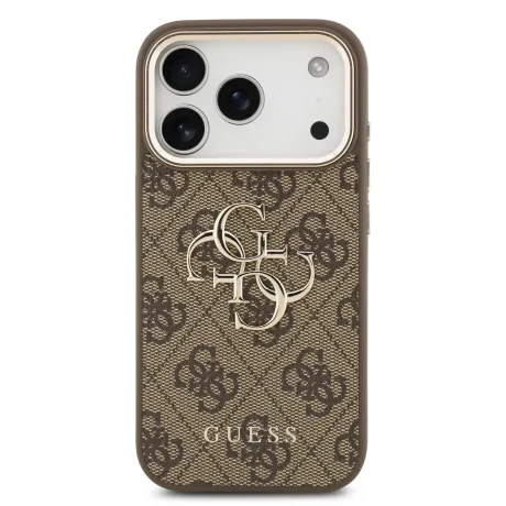 Husa spate Guess din piele PU 4G cu logo metalic și ramă aurie pentru iPhone 17 Pro, maro