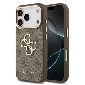 Husa spate Guess din piele PU 4G cu logo metalic și ramă aurie pentru iPhone 17 Pro, maro