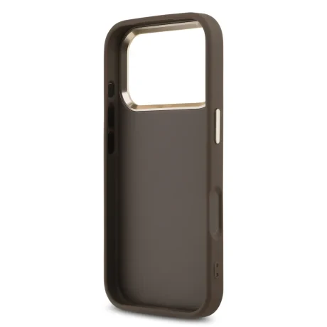 Husa spate Guess din piele PU 4G cu logo metalic și ramă aurie pentru iPhone 17 Pro, maro