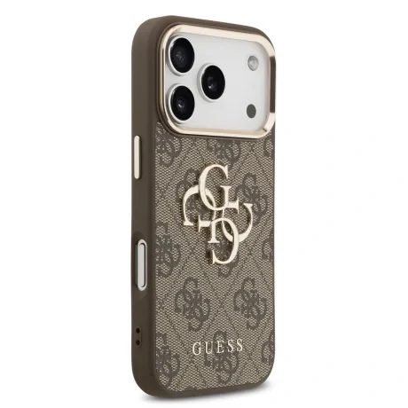 Husa spate Guess din piele PU 4G cu logo metalic și ramă aurie pentru iPhone 17 Pro, maro