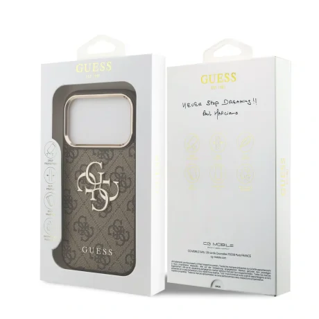 Husa spate Guess din piele PU 4G cu logo metalic și ramă aurie pentru iPhone 17 Pro, maro
