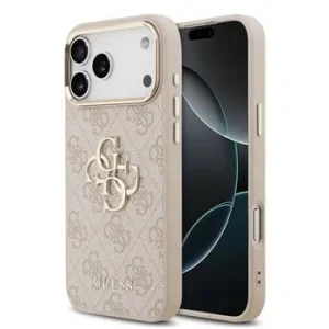 Husa spate Guess din piele PU 4G cu logo metalic și ramă aurie pentru iPhone 17 Pro Max, roz