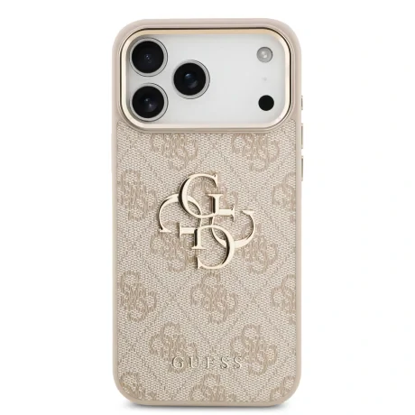 Husa spate Guess din piele PU 4G cu logo metalic și ramă aurie pentru iPhone 17 Pro Max, roz