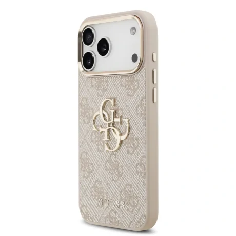 Husa spate Guess din piele PU 4G cu logo metalic și ramă aurie pentru iPhone 17 Pro Max, roz