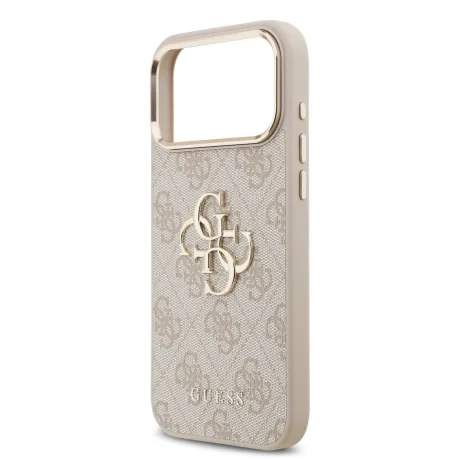 Husa spate Guess din piele PU 4G cu logo metalic și ramă aurie pentru iPhone 17 Pro Max, roz
