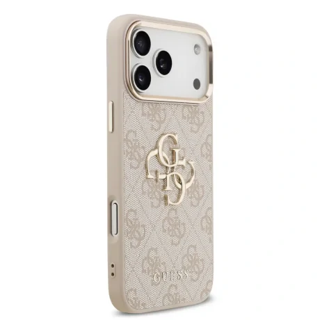 Husa spate Guess din piele PU 4G cu logo metalic și ramă aurie pentru iPhone 17 Pro Max, roz
