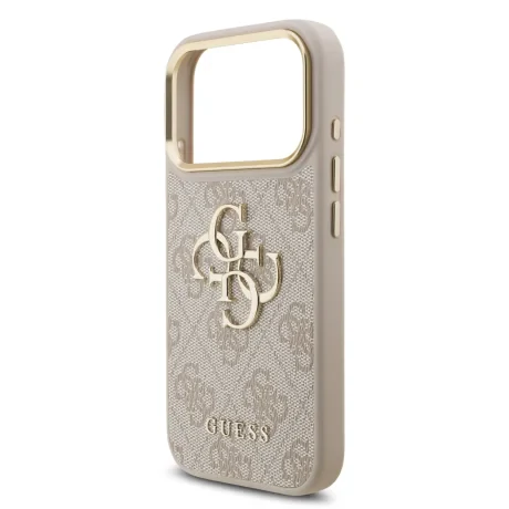 Husa spate Guess din piele PU 4G cu logo metalic și ramă aurie pentru iPhone 17 Pro, roz