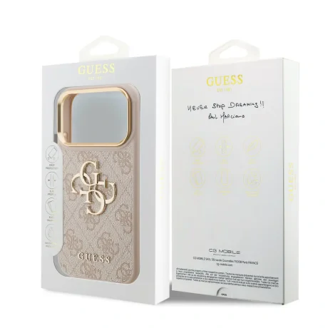 Husa spate Guess din piele PU 4G cu logo metalic și ramă aurie pentru iPhone 17 Pro, roz