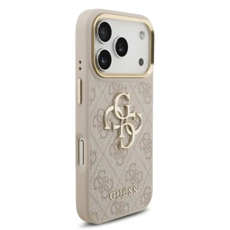 Husa spate Guess din piele PU 4G cu logo metalic și ramă aurie pentru iPhone 17 Pro, roz