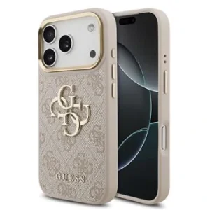 Husa spate Guess din piele PU 4G cu logo metalic și ramă aurie pentru iPhone 17 Pro, roz
