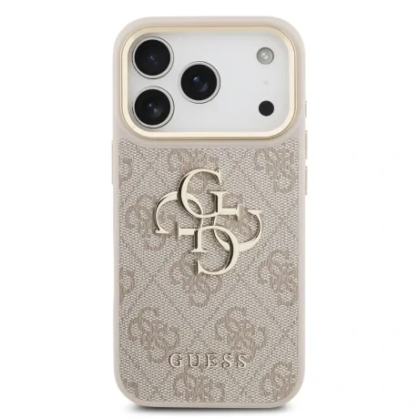 Husa spate Guess din piele PU 4G cu logo metalic și ramă aurie pentru iPhone 17 Pro, roz
