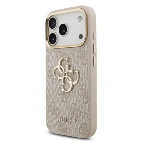 Husa spate Guess din piele PU 4G cu logo metalic și ramă aurie pentru iPhone 17 Pro, roz