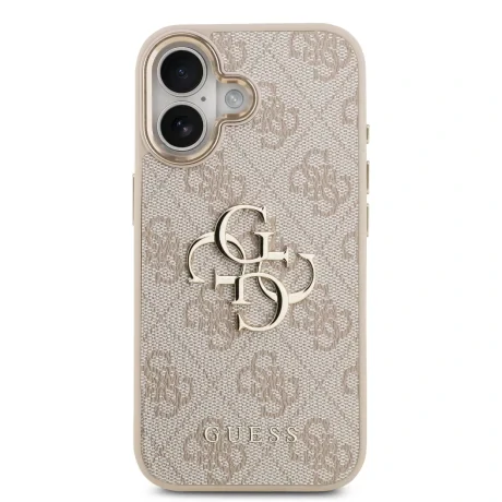 Husa spate Guess din piele PU 4G cu logo metalic și ramă aurie pentru iPhone 17, roz