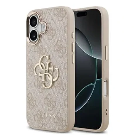 Husa spate Guess din piele PU 4G cu logo metalic și ramă aurie pentru iPhone 17, roz
