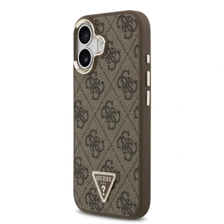 Husa spate Guess din piele PU 4G cu logo triunghiular și ramă aurie MagSafe pentru iPhone 17, maro