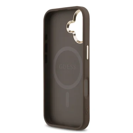 Husa spate Guess din piele PU 4G cu logo triunghiular și ramă aurie MagSafe pentru iPhone 17, maro